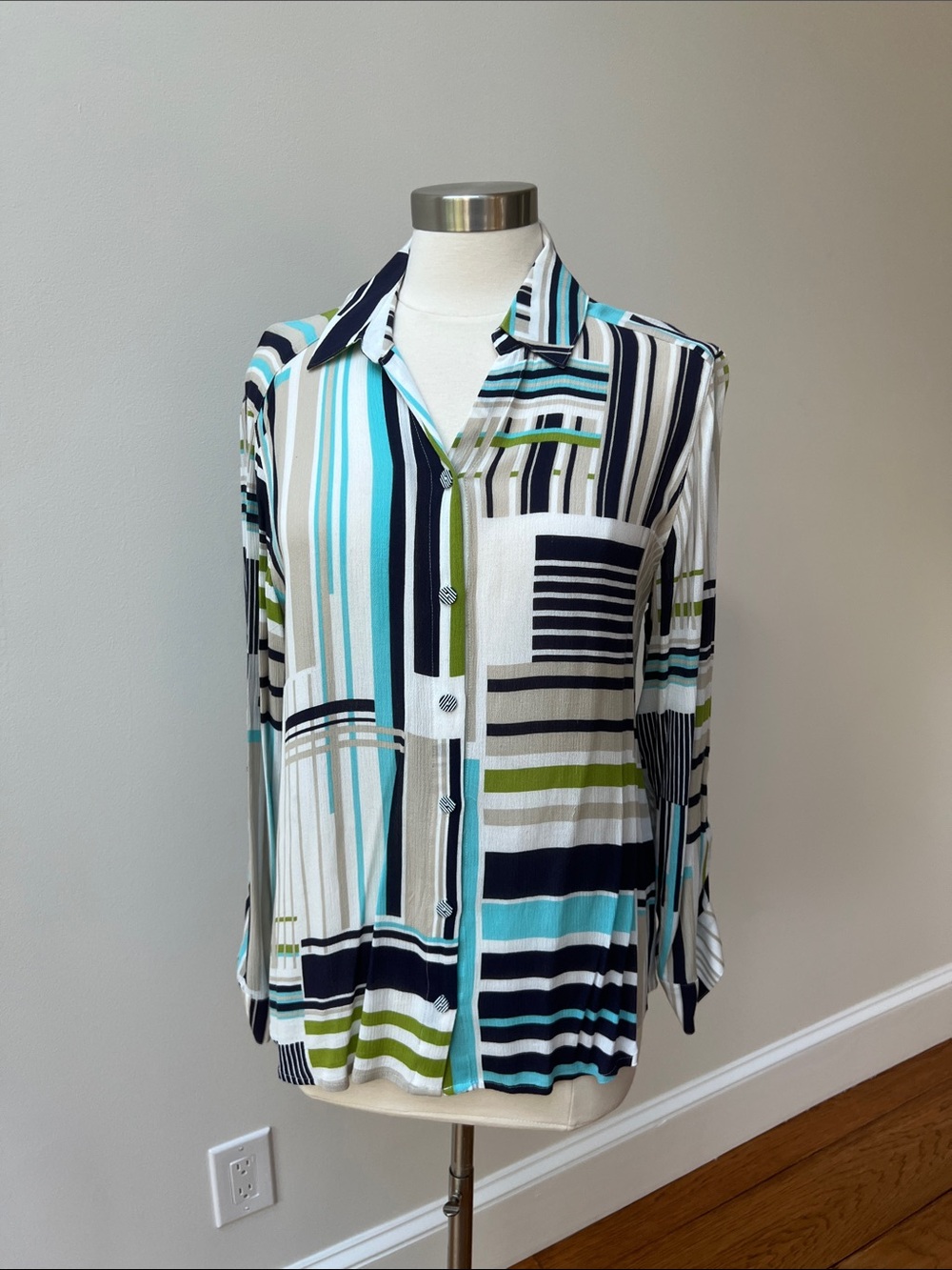Chico’s Striped Button-Up Shirt in White, Navy & Aqua with Striped Buttons